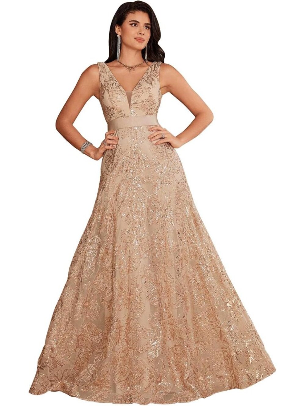 Champagne Glitter Sequin Sleeveless A Line Long Formal Prom Gown Sz M